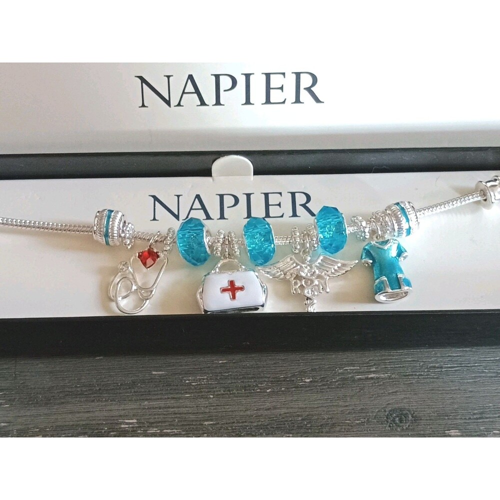 Napier Nurse RN Crystal Enamel Silver Tone Stethoscope Medical Charm Bracelet